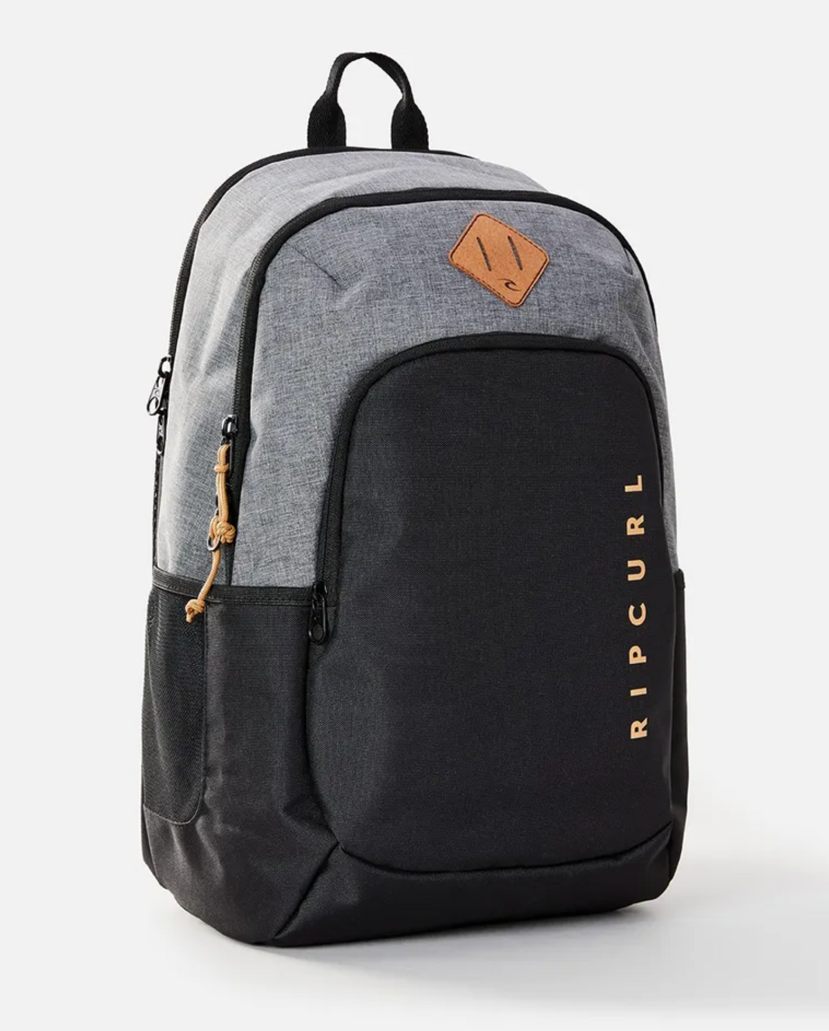 The Rip Curl Ozone 30L Driven Backpack, crafted from sleek gray and black polyester, features a front pocket, small leather patch, vibrant orange brand lettering on the side, top handle, and sturdy zippers for both style and functionality.