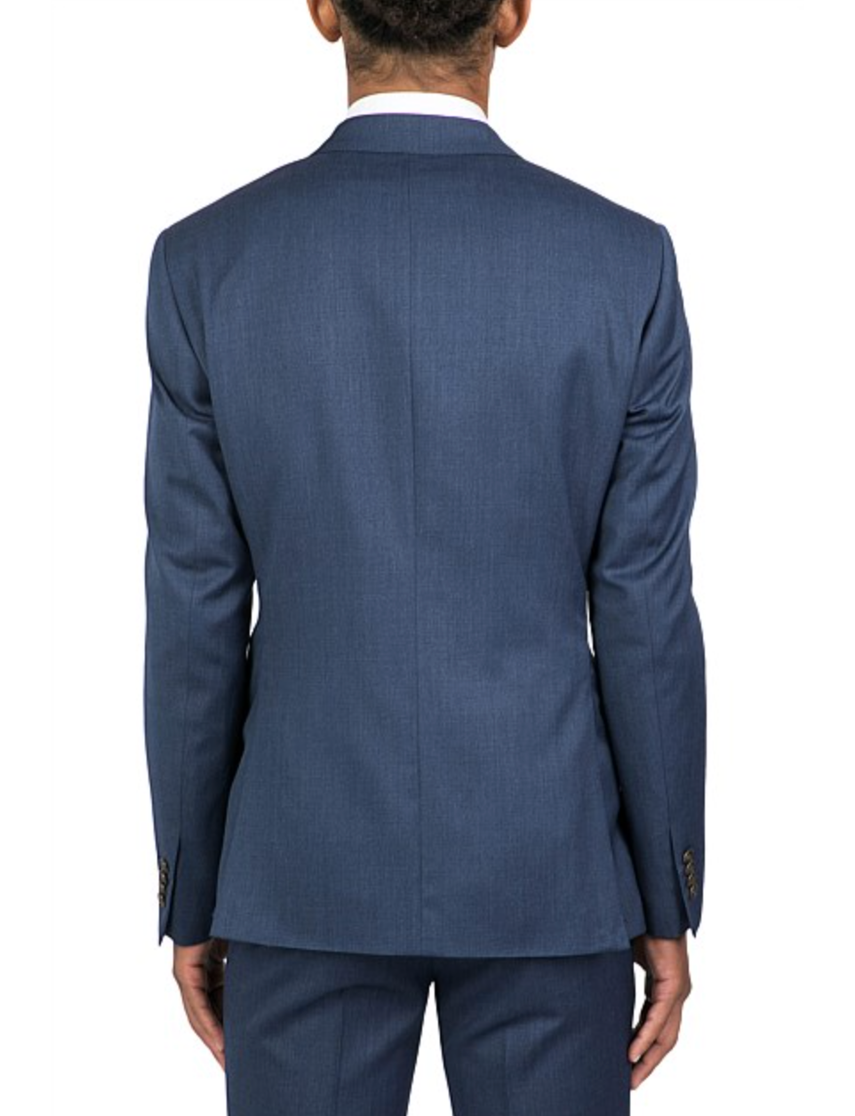 A rear view of a person wearing the Uberstone Troy Jacket—a slim fit, blue suit jacket with cuff buttons and a notch lapel, showcasing its seams and back structure.