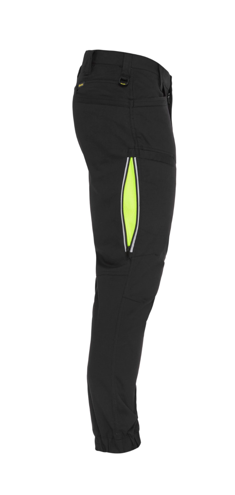 The Bisley X Airflow Stretch Ripstop Vented Cuffed Pant in black showcases a side view with a neon green zippered ventilation opening on the thigh. Crafted from stretch ripstop fabric, it features utility pockets and cuffed hems, ensuring durable workwear that provides comfort all day long.