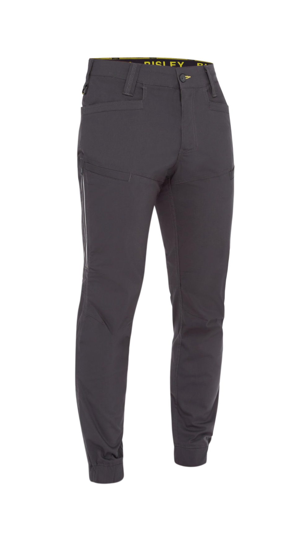 The Bisley X Airflow Stretch Ripstop Vented Cuffed Pant features a yellow and black adjustable waistband, multiple pockets, and zipper details. Made from durable stretch ripstop fabric, these grey work pants are structured with a fitted cut and elasticated cuffs at the ankles. Ideal for those seeking comfortable pants for demanding tasks.