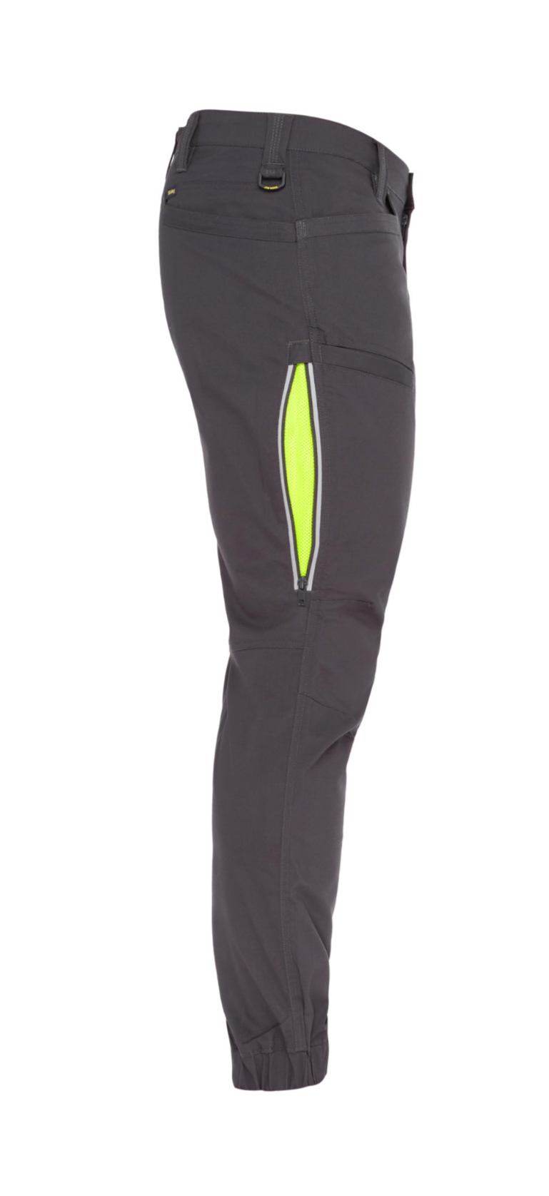 Side view of the Bisley X Airflow Stretch Ripstop Vented Cuffed Pant in dark gray, featuring a neon yellow zipper running vertically on the side pocket. These pants have multiple pockets and reinforced stitching, made from stretch ripstop fabric for durable workwear, making them comfortable and suitable for outdoor activities.