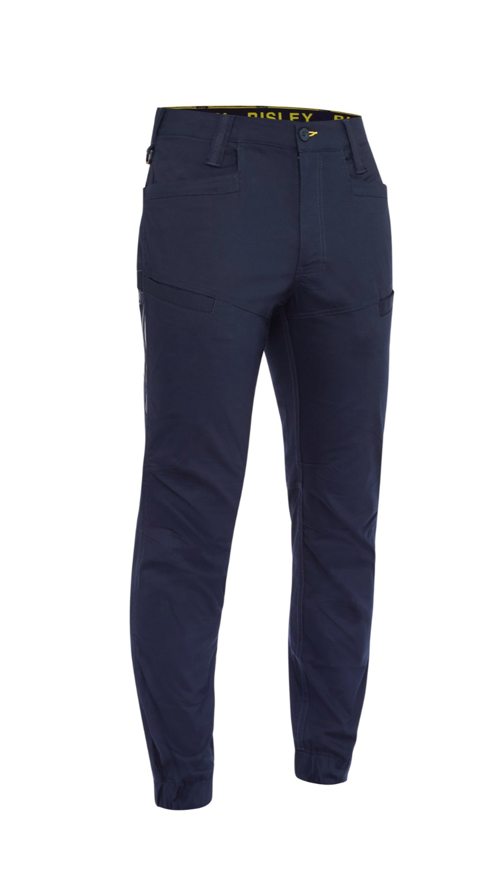 A pair of Bisley X Airflow Stretch Ripstop Vented Cuffed Pants in navy blue, boasting a slim fit with tapered legs. These comfortable pants come equipped with multiple pockets, including side cargo pockets and front hand pockets. Crafted from stretch ripstop fabric, the waistband is adorned with belt loops and features an inner yellow lining that reads "DIFLY".