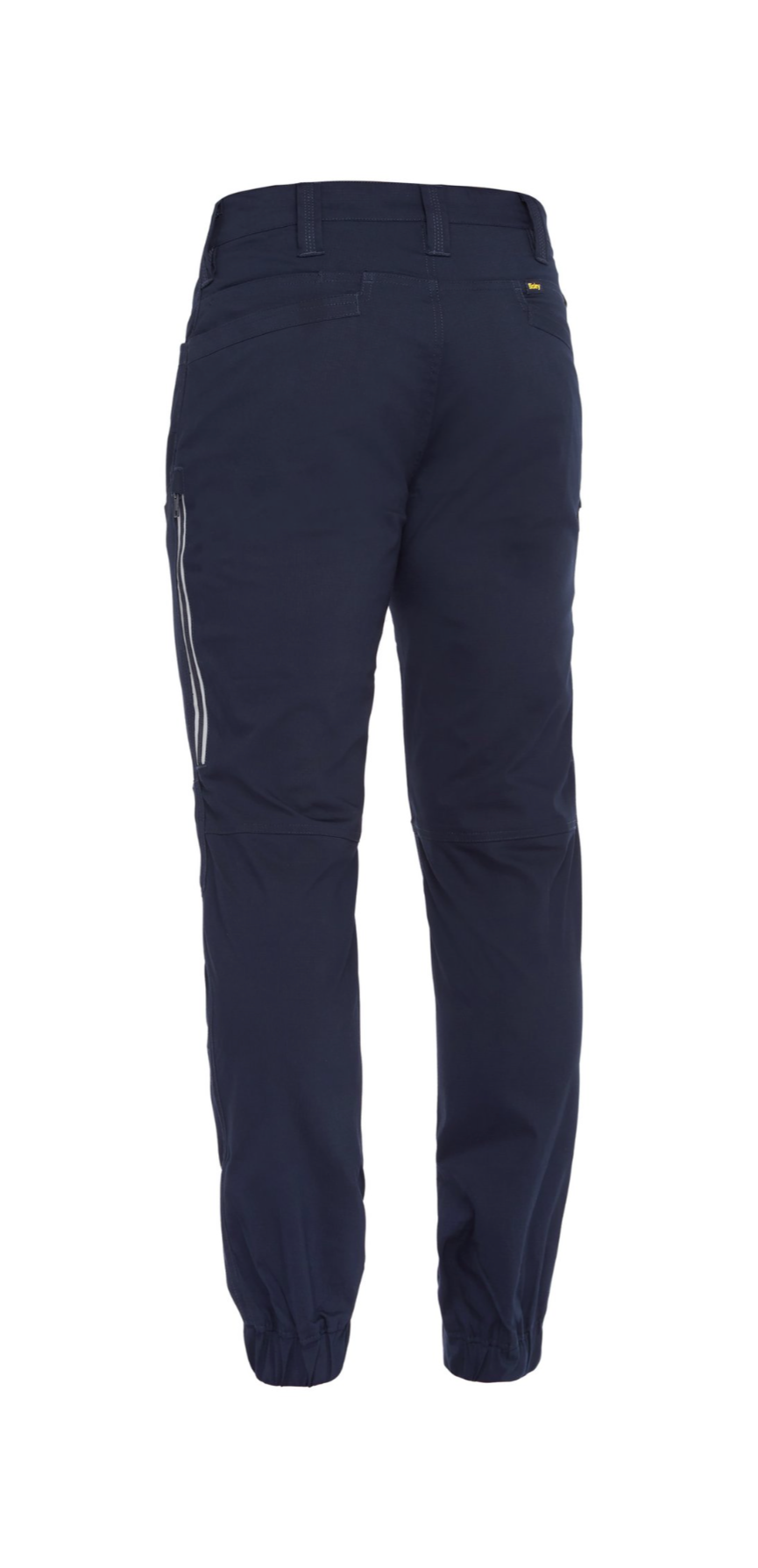 The Bisley X Airflow Stretch Ripstop Vented Cuffed Pant is a pair of dark blue pants featuring elastic cuffs at the ankles, belt loops, and multiple pockets. Made from stretch ripstop fabric, these durable workwear pants include a reflective strip on the side pocket and are designed for a comfortable, casual fit.