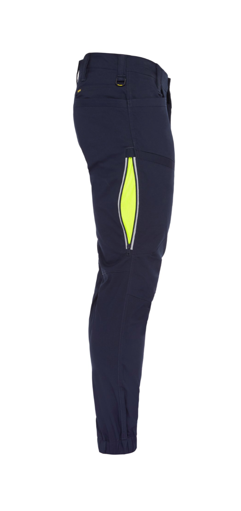 A side view of the Bisley X Airflow Stretch Ripstop Vented Cuffed Pant in navy blue, featuring a neon yellow zipper pocket on the thigh. Made from durable stretch ripstop fabric, these comfortable pants have an athletic fit with elastic cuffs at the ankles and belt loops at the waistband.