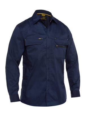 The Bisley X Airflow Stretch Ripstop Shirt is a long-sleeved, navy blue button-up shirt featuring two chest pockets with flaps and buttons. It includes a collar with a yellow interior trim and an additional small zippered section on the left pocket for added convenience and ventilation.