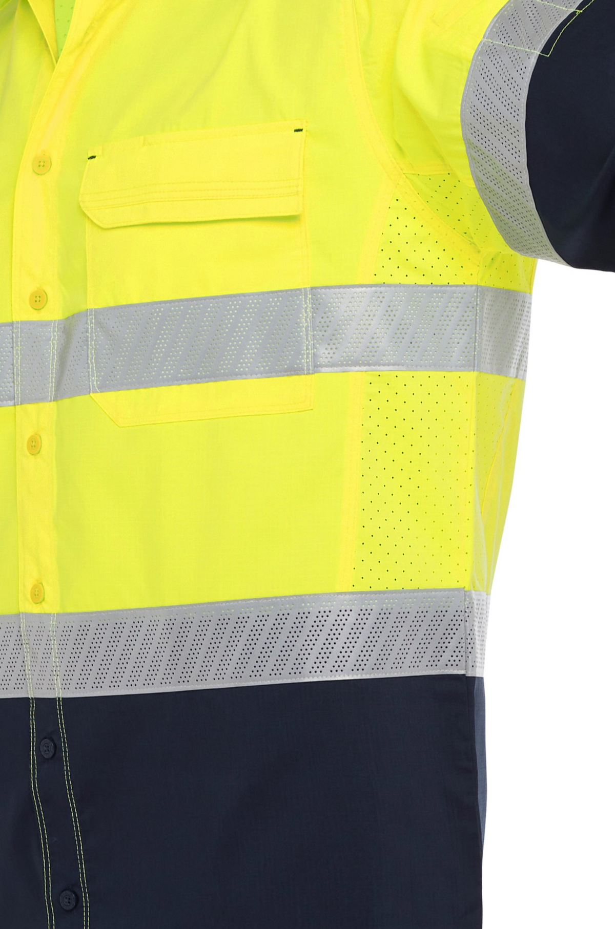 Close-up of the Bisley X Airflow Hi Vis Stretch Ripstop Shirt: bright yellow upper with gray reflective hoops on the chest and arm, dark blue lower section featuring Bisley X Airflow™ ventilation for comfort, and a pocket on the left chest.