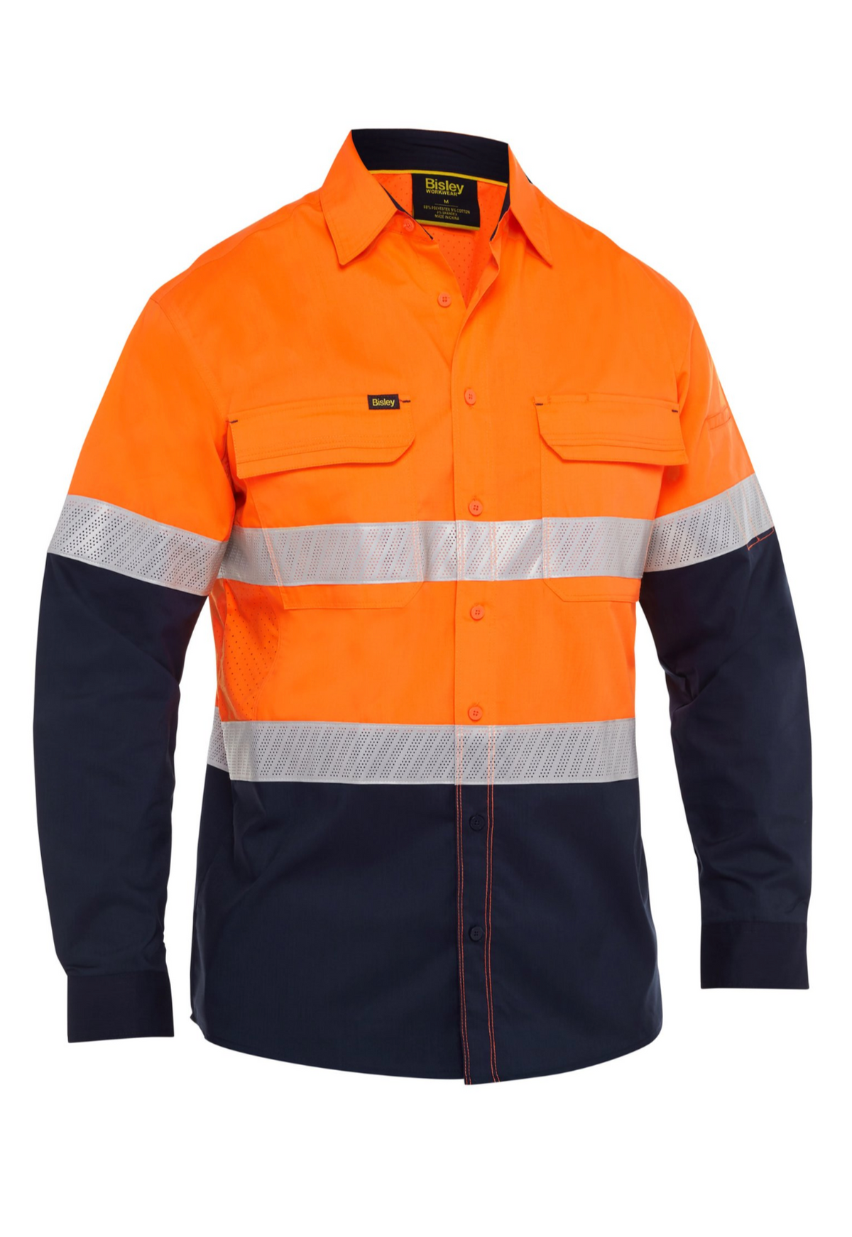 The Bisley X Airflow Hi Vis Stretch Ripstop Shirt is lightweight and features bright orange and dark blue colors, with silver reflective tape on the torso and arms. It includes Bisley X Airflow™ ventilation and has buttoned chest pockets for practical storage.