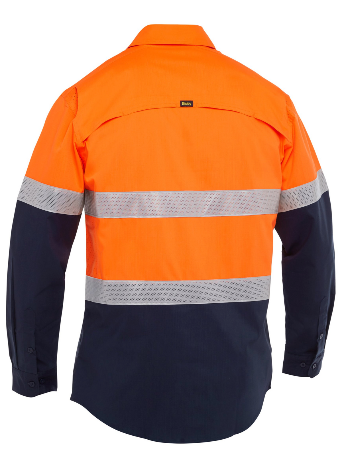 The Bisley X Airflow Hi Vis Stretch Ripstop Shirt is a lightweight, long-sleeved work shirt with Bisley X Airflow ventilation, two horizontal reflective stripes, and an orange top with dark navy sleeves and lower half.