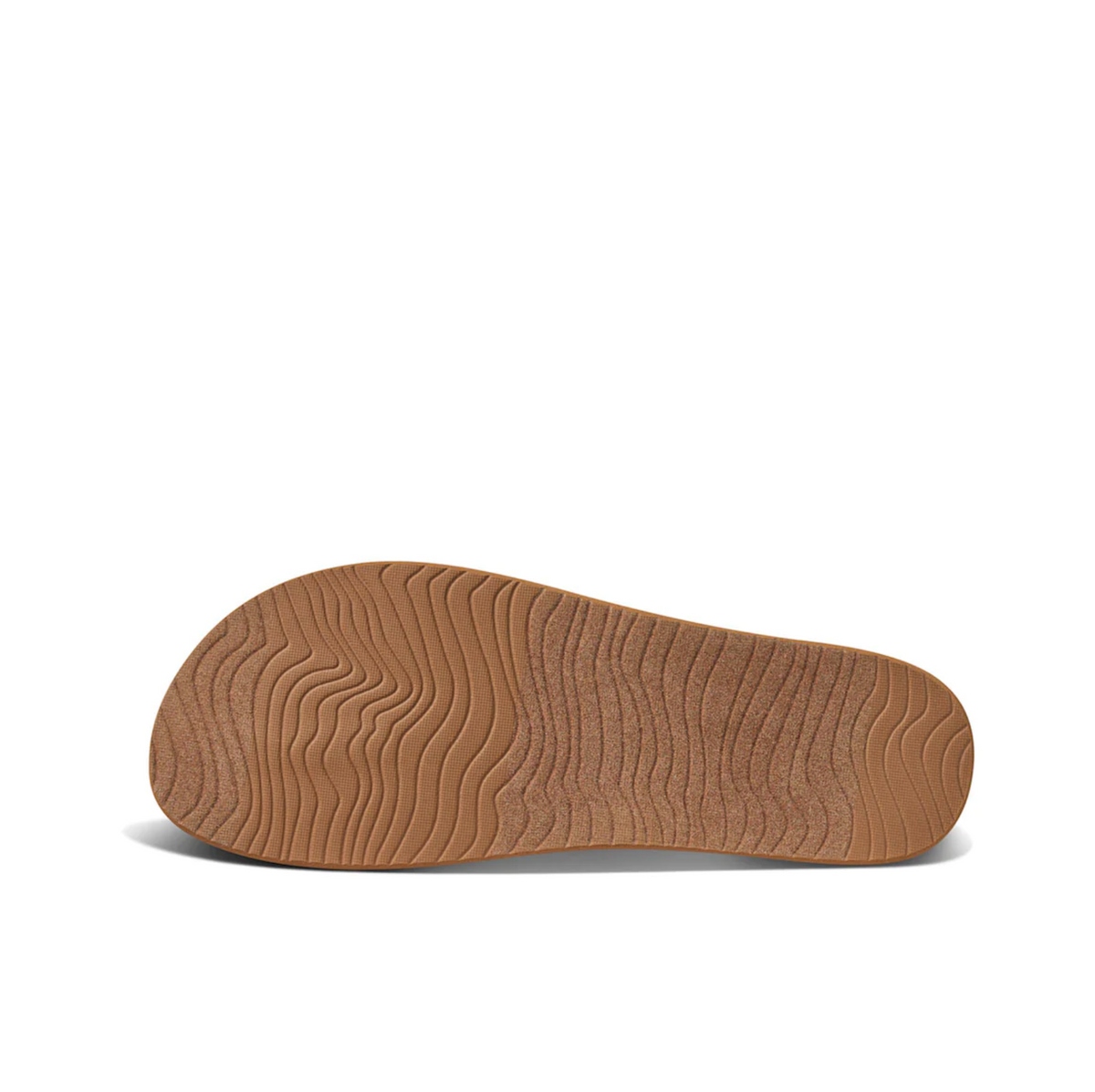 The image displays the bottom view of a REEF Cushion Strand sandal sole with a wavy, textured pattern. The brown sole features cushion bounce midsoles that provide exceptional arch support and a nonslip surface.