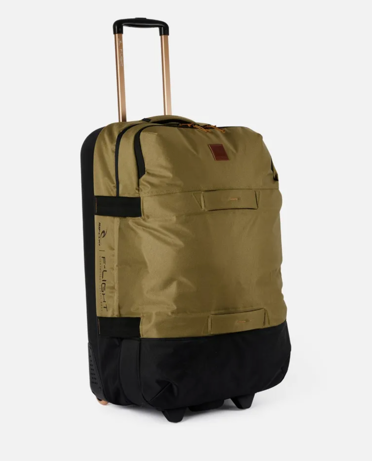 The Rip Curl F-Light Global 110L Overland Travel Bag, crafted from recycled polyester in khaki and black, features a retractable handle, side handles, a front zipper pocket, and wheels for easy transport. Its sturdy design and 110L capacity make your journeys smooth and stylish.
