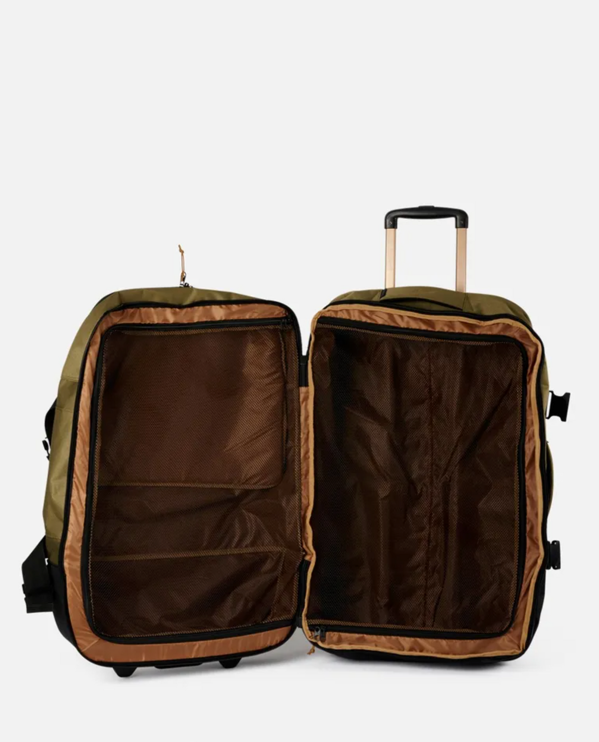 Meet the Rip Curl F-Light Global 110L Overland Travel Bag, an olive green and brown wheeled duffel crafted from recycled polyester. It features a telescopic handle, dual compartments with brown interior lining, and large zippered mesh pockets for seamless organization.