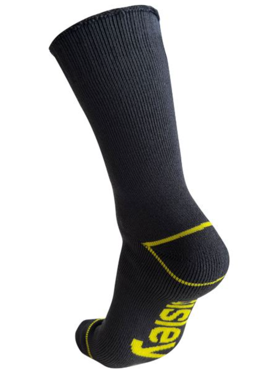 A Bisley Bamboo Work Sock, in black with yellow accents, is shown on a white background. It has a ribbed texture and features yellow branding on the heel and sole. Made from breathable material, it ensures optimal moisture wicking.
