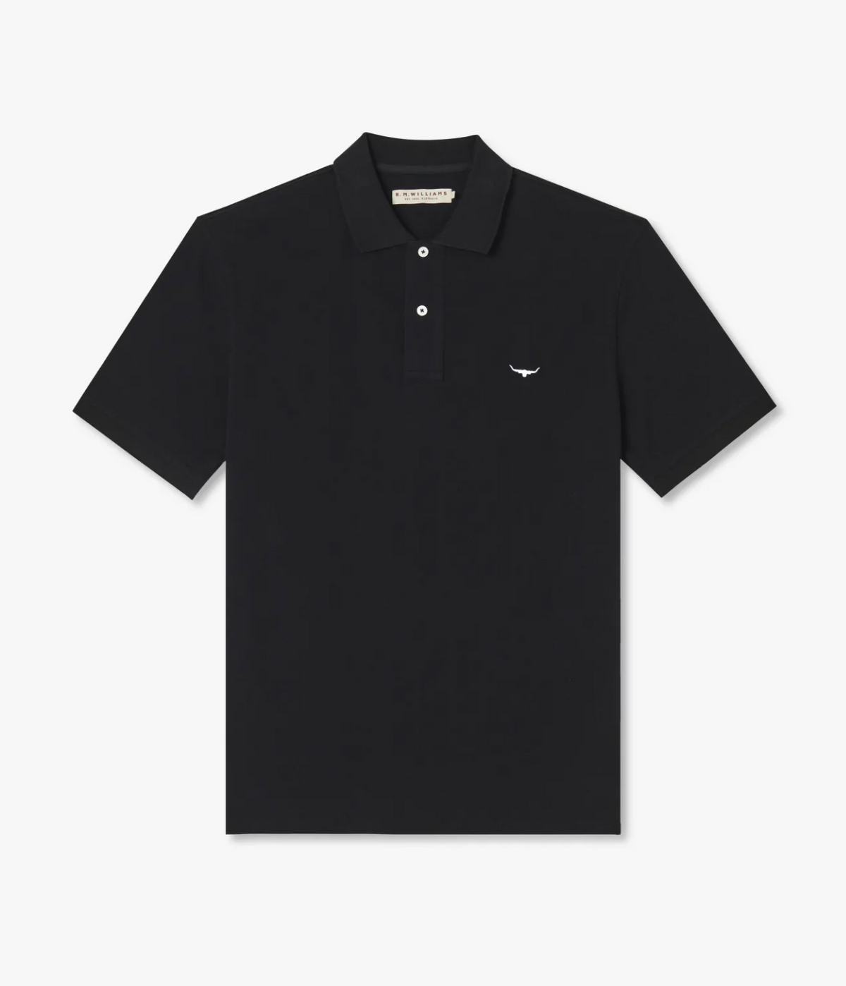The RM Williams Rod Polo is a plain black cotton pique polo shirt with a classic ribbed collar and three-button placket. It features a small white Longhorn embroidery on the left side of the chest, adding a distinctive touch to its design.