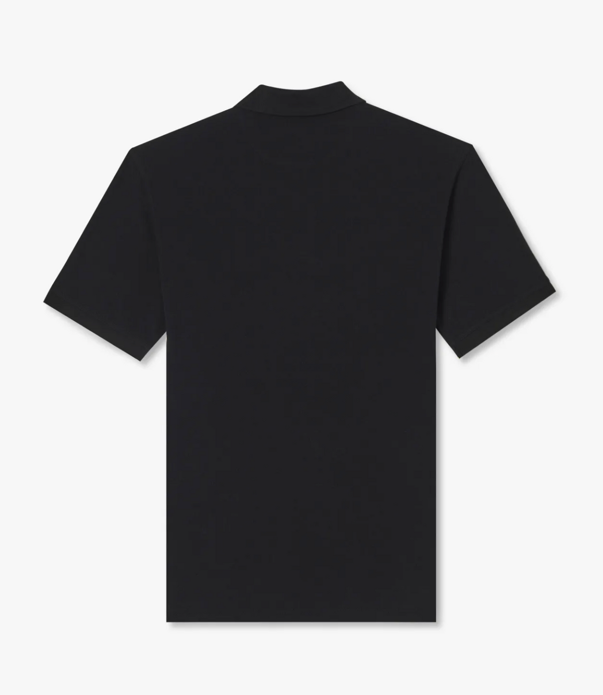 The RM Williams Rod Polo, a plain black cotton pique polo shirt, is displayed from the back with its short sleeves and simple collar standing out against a plain white background.