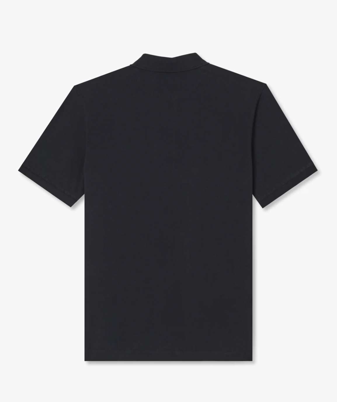 The RM Williams Rod Polo is displayed from the back against a white background. This plain black, short-sleeved polo shirt features a simple design made from soft cotton pique, with no visible branding or patterns.