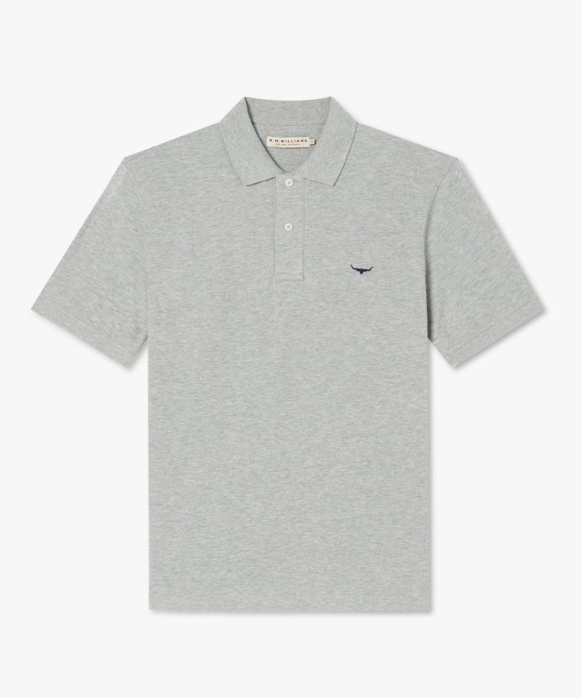 The RM Williams Rod Polo is a light grey, short-sleeved cotton shirt with a collar and three buttons along the neckline. It features R.M.Williams' signature Longhorn embroidery on the left chest, adding a touch of rugged elegance.