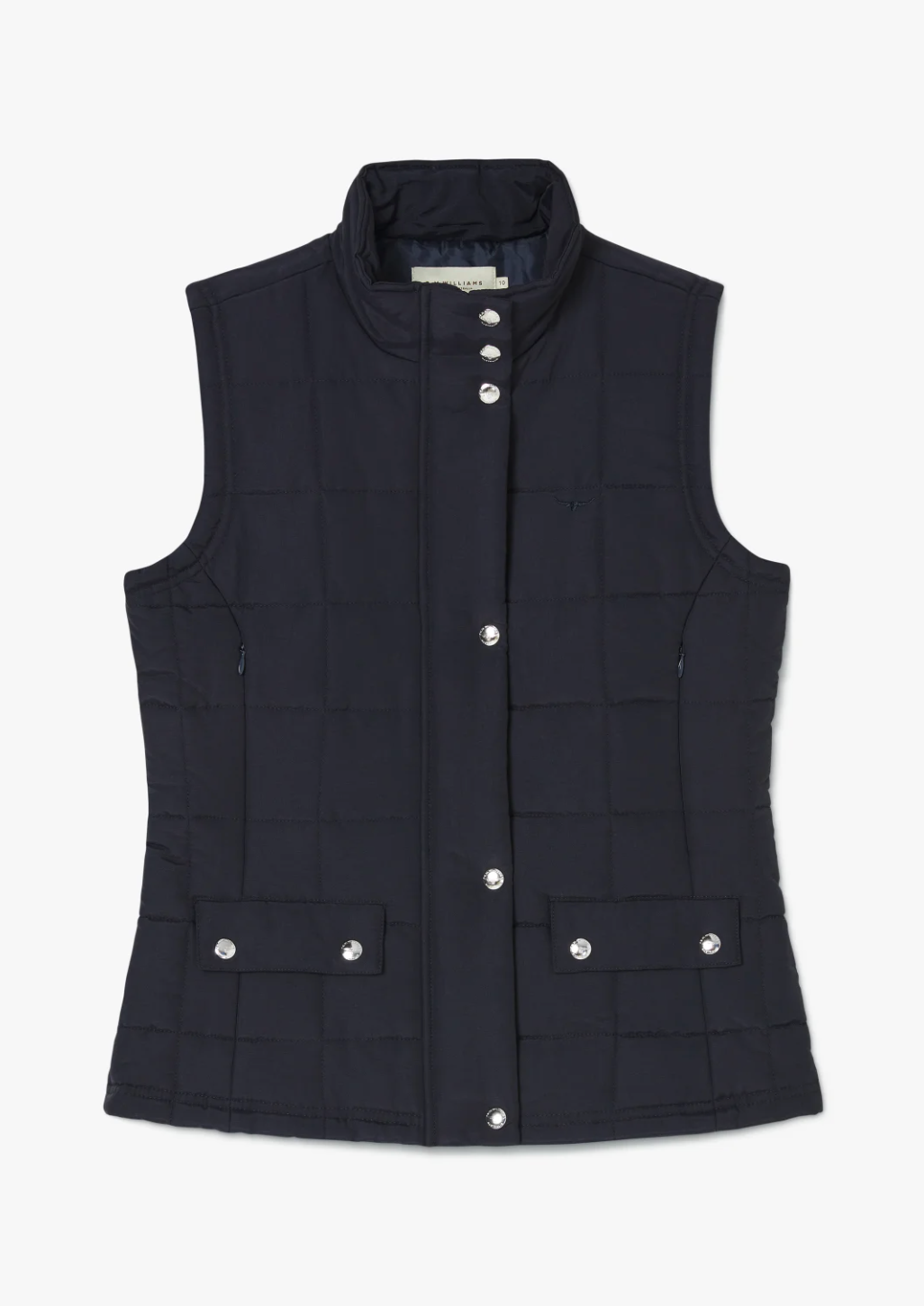 The RM Williams Wilpena Creek Vest is a sleeveless, navy blue quilted vest with a high collar and snap button closure, featuring two front flap pockets with snap buttons and a subtle logo on the left chest.