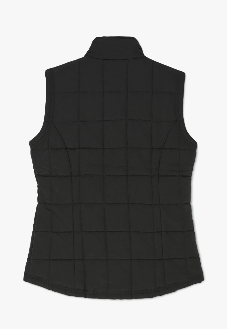 The RM Williams Wilpena Creek Vest showcases a sleeveless black quilted design with a high collar and distinct grid pattern. This fitted vest features an embroidered logo, textured fabric, and a curved hem at the back.