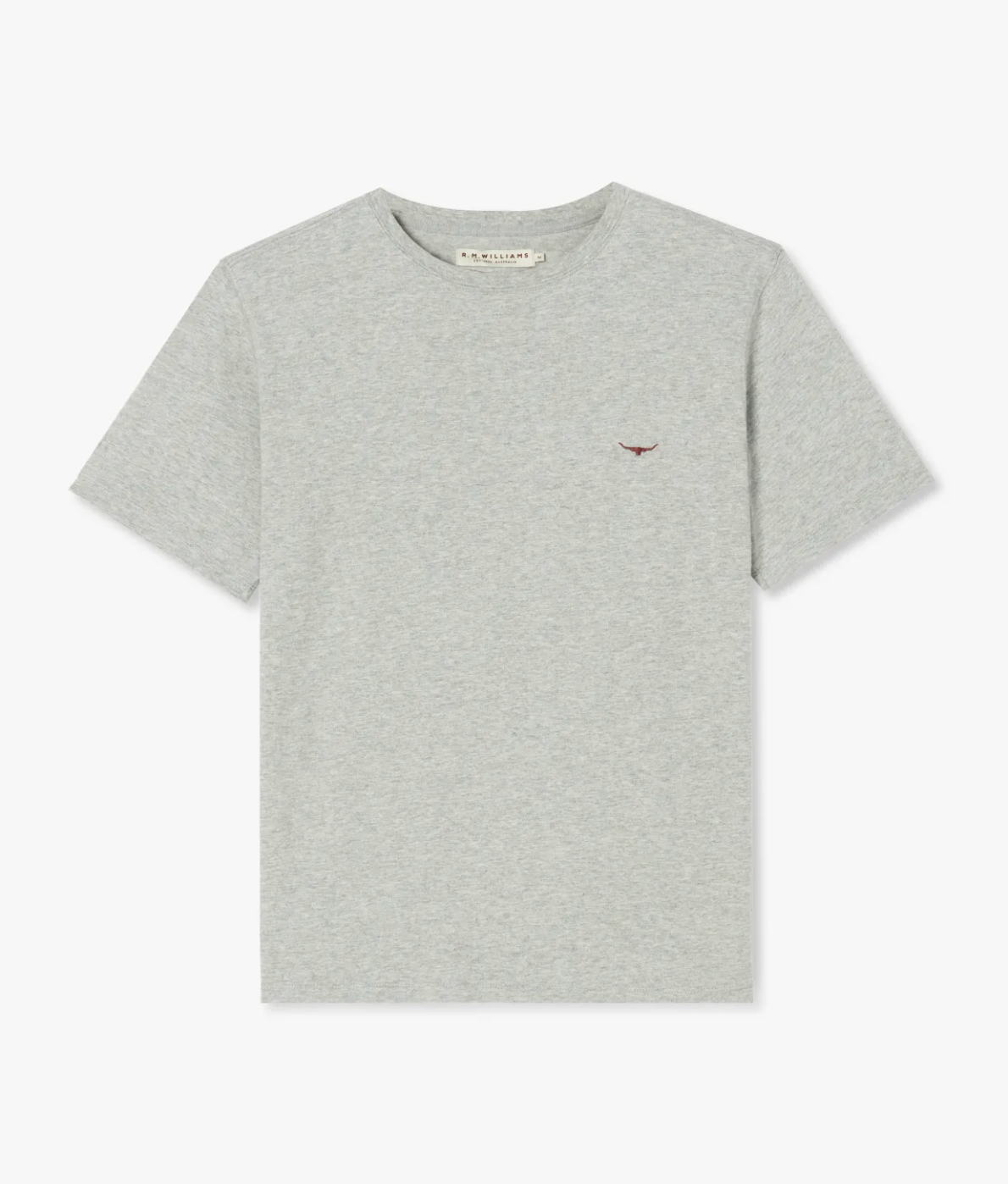 The RM Williams Parson T-Shirt is a plain light gray tee made from soft cotton jersey, featuring a small embroidered bird logo on the left side of the chest. This classic T-shirt has a round neckline and short sleeves.