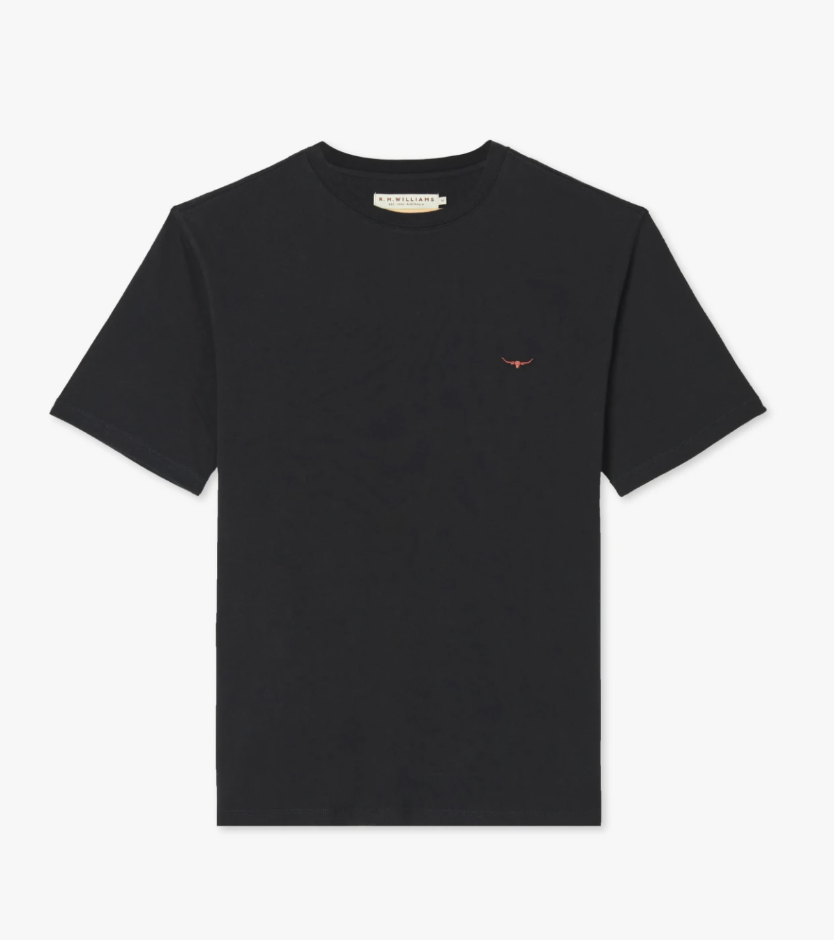 The RM Williams Parson T-Shirt is a black, short-sleeve t-shirt made from pure cotton jersey. It features a small red embroidered logo resembling a bull's head on the left chest, and boasts a round neckline and casual design, making it perfect for everyday wear.