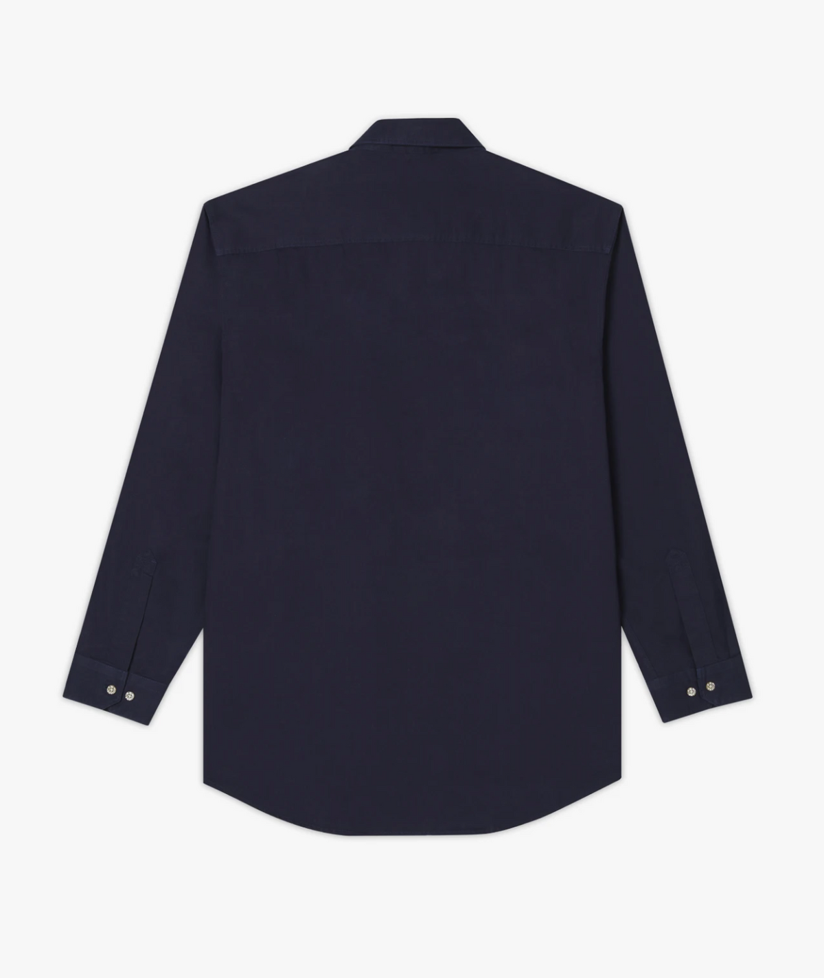 The RM Williams Angus Shirt, a relaxed-fit, long-sleeved work shirt in dark navy blue with a pointed collar and buttoned cuffs, is displayed flat from the back on a white background.