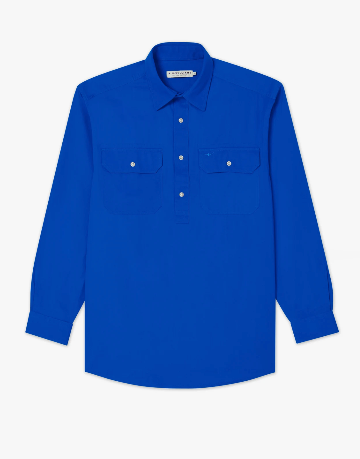 The RM Williams Angus Shirt is a bright blue, relaxed-fit long-sleeve shirt featuring a collar, two chest pockets with button flaps, and a partial front button placket—ideal for fans of classic work shirts.