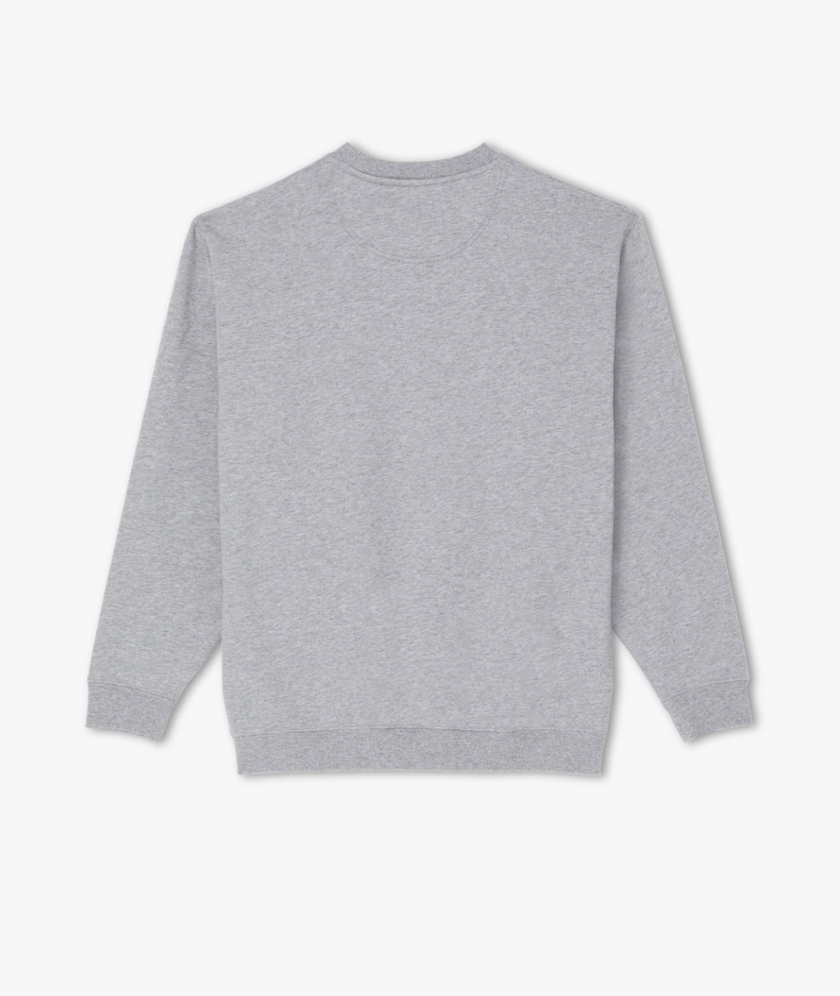 A plain, light gray sweatshirt with long sleeves is displayed against a white background, shown from the back. The RM Williams Script Crew Neck features a simple design with ribbed cuffs and hem, crafted from a cozy cotton blend fleece. A subtle script logo embroidery adds an elegant touch.