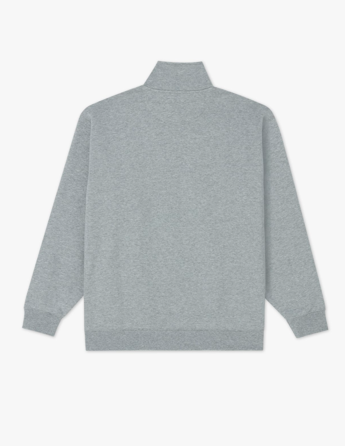 The RM Williams Mulyungarie Fleece is shown laid flat, back facing up. This plain light gray jumper features a high collar, ribbed cuffs, and waistband for a cozy long-sleeved look.