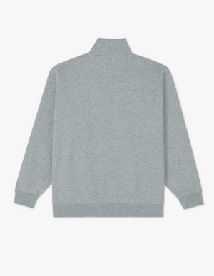 The RM Williams Mulyungarie Fleece is shown laid flat, back facing up. This plain light gray jumper features a high collar, ribbed cuffs, and waistband for a cozy long-sleeved look.