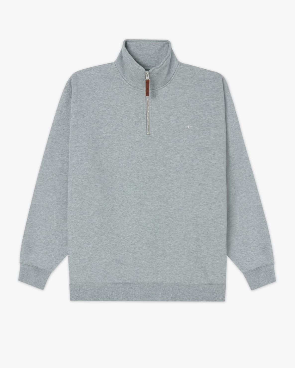The RM Williams Mulyungarie Fleece in Grey Marle is a light grey quarter-zip jumper with a high collar, ribbed cuffs and hem, subtle brown zipper pull tab, and a minimalist long-sleeve design without bold logos or patterns.