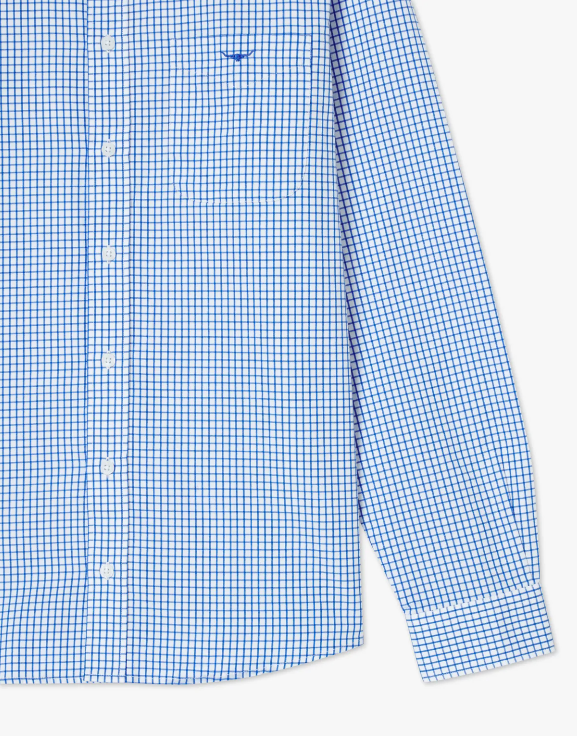 A close-up of the RM Williams Collins Shirt, showcasing its blue and white checkered pattern. This long-sleeved, regular fit button-down features a small embroidered logo on the chest pocket and sleek white buttons down the front. Crafted from twill cotton, both the cuff and lower portion of the sleeve are also visible.