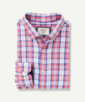 A neatly folded Gazman Casual Oxford Check Shirt with a vibrant red, white, and blue plaid pattern. The regular fit long-sleeve shirt is crafted from 100% cotton for ultimate comfort. It features a "GAZ MAN" label near the collar. Set against a white background, the colorful design of the shirt stands out beautifully.