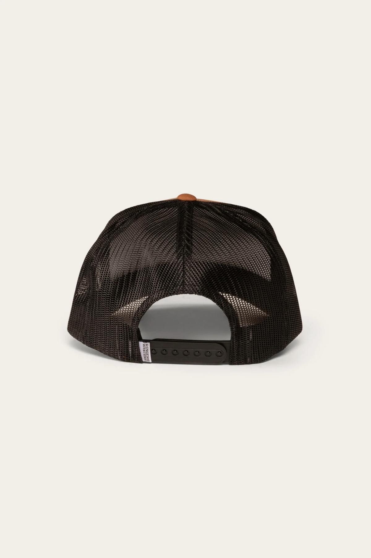 The Ringers Western Dustin Trucker Cap is shown from the back on a plain white background. This black cap has a breathable mesh back and an adjustable snap closure strap for a personalized fit.