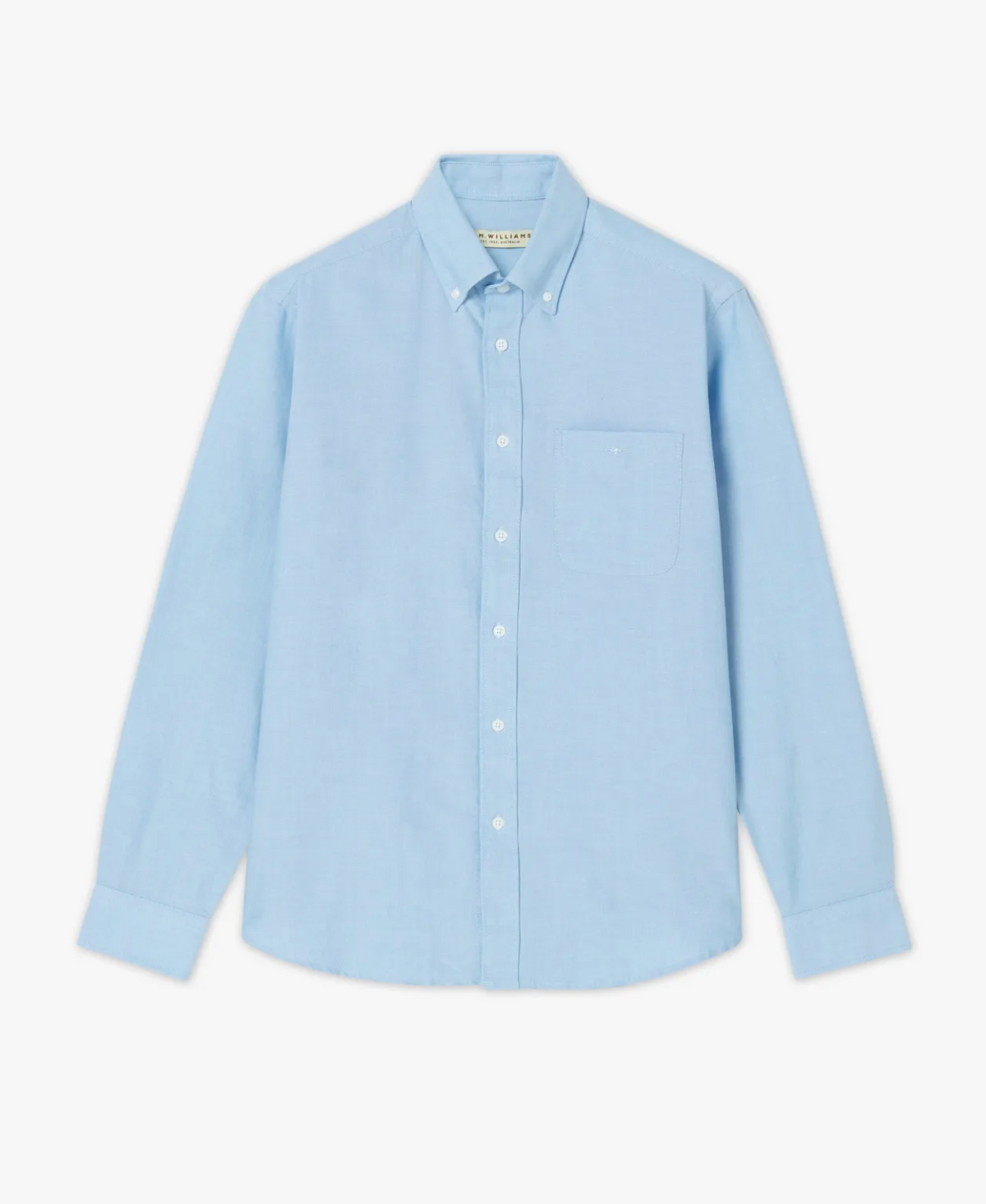 The RM Williams Collins Shirt in light blue is made from premium oxford cotton and features long sleeves, a button-down collar, a single chest pocket, and subtle Longhorn embroidery, shown against a plain white background.