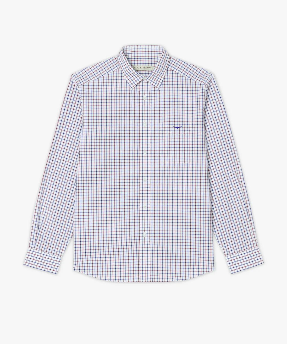 The RM Williams Collins Shirt is a long-sleeved, button-down cotton poplin shirt featuring a small checkered pattern in blue and red on a white background. It comes with a pointed collar and is adorned with a small Longhorn embroidery on the left chest, making it perfect for a smart casual look.