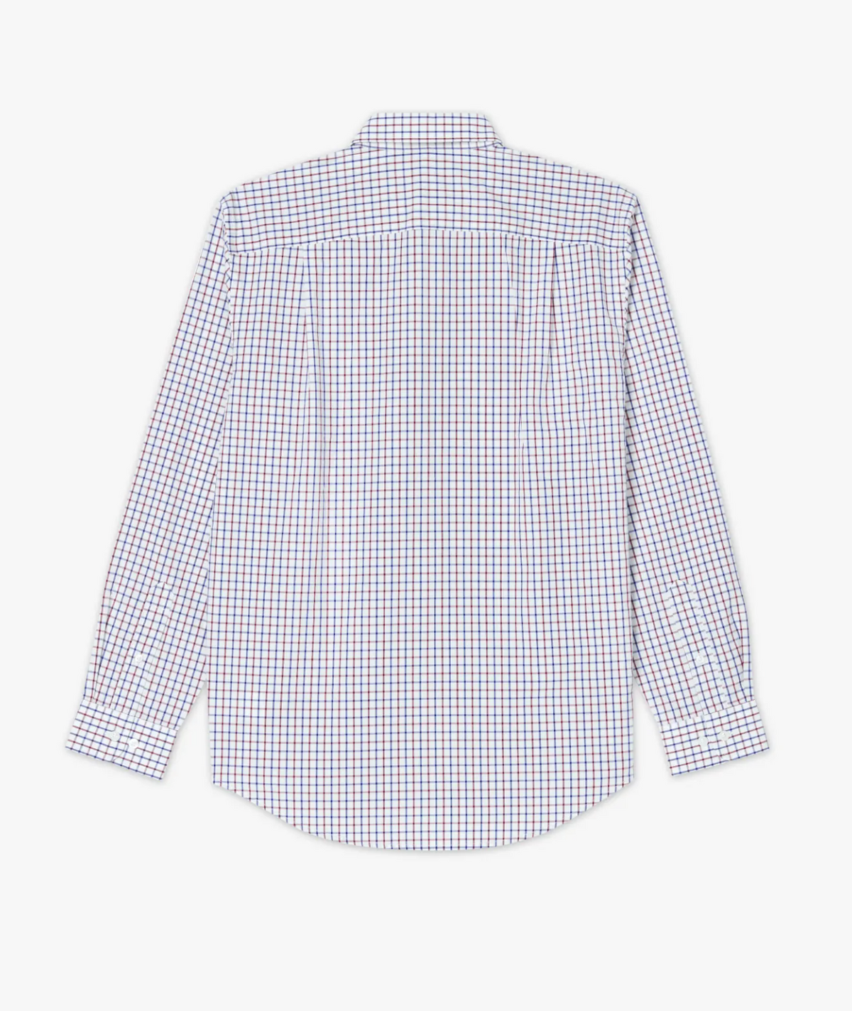 Back view of the RM Williams Collins Shirt, a long-sleeve button-up cotton poplin with a small checkered pattern. The shirt is mainly white with blue and orange thin vertical and horizontal stripes creating the checkered design. It features a classic collar, cuffs, and elegant Longhorn embroidery, perfect for smart casual occasions.