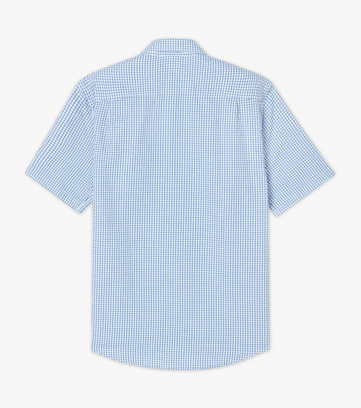 The RM Williams Hervey Shirt is a short-sleeve casual shirt crafted from 100% cotton, featuring a blue and white checkered pattern. Displayed flat and facing backward, it highlights its pointed collar and straight hem.