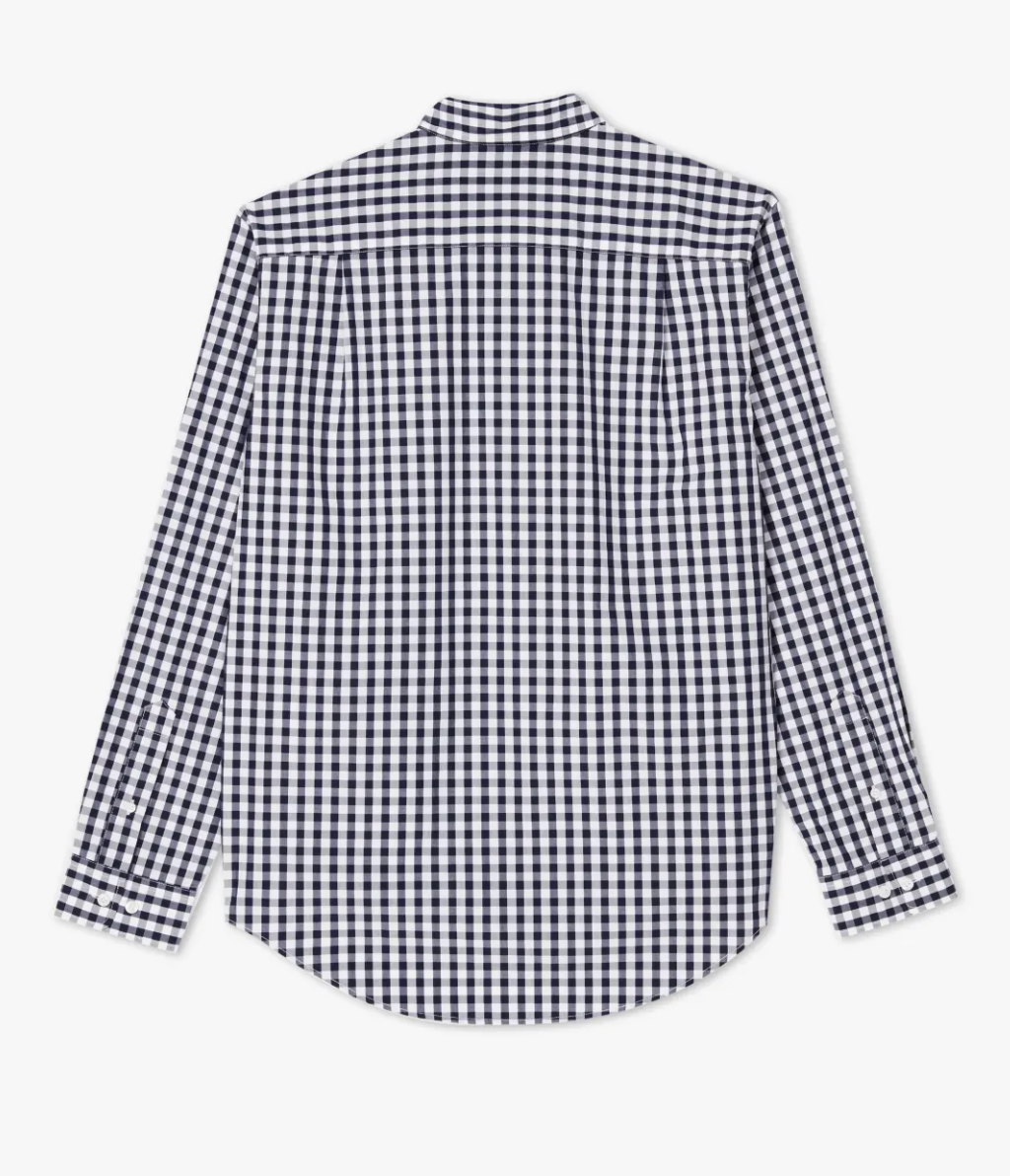 The RM Williams Collins Shirt, crafted from poplin cotton, is a long-sleeved button-up with a black and white checkered pattern, displayed from the back. This regular fit shirt includes a curved hemline and a collar.