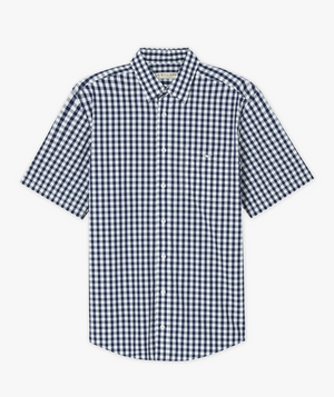 The RM Williams Hervey Shirt is perfect for outings with its navy blue and white gingham pattern. Made from 100% cotton, it features a button-down front, a small left chest pocket, and short sleeves for effortless style and comfort.