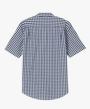 The RM Williams Hervey Shirt is a casual short-sleeved design with blue and white checkered small squares. Made from 100% cotton, it features a classic collar and central back pleat for an effortlessly stylish look.