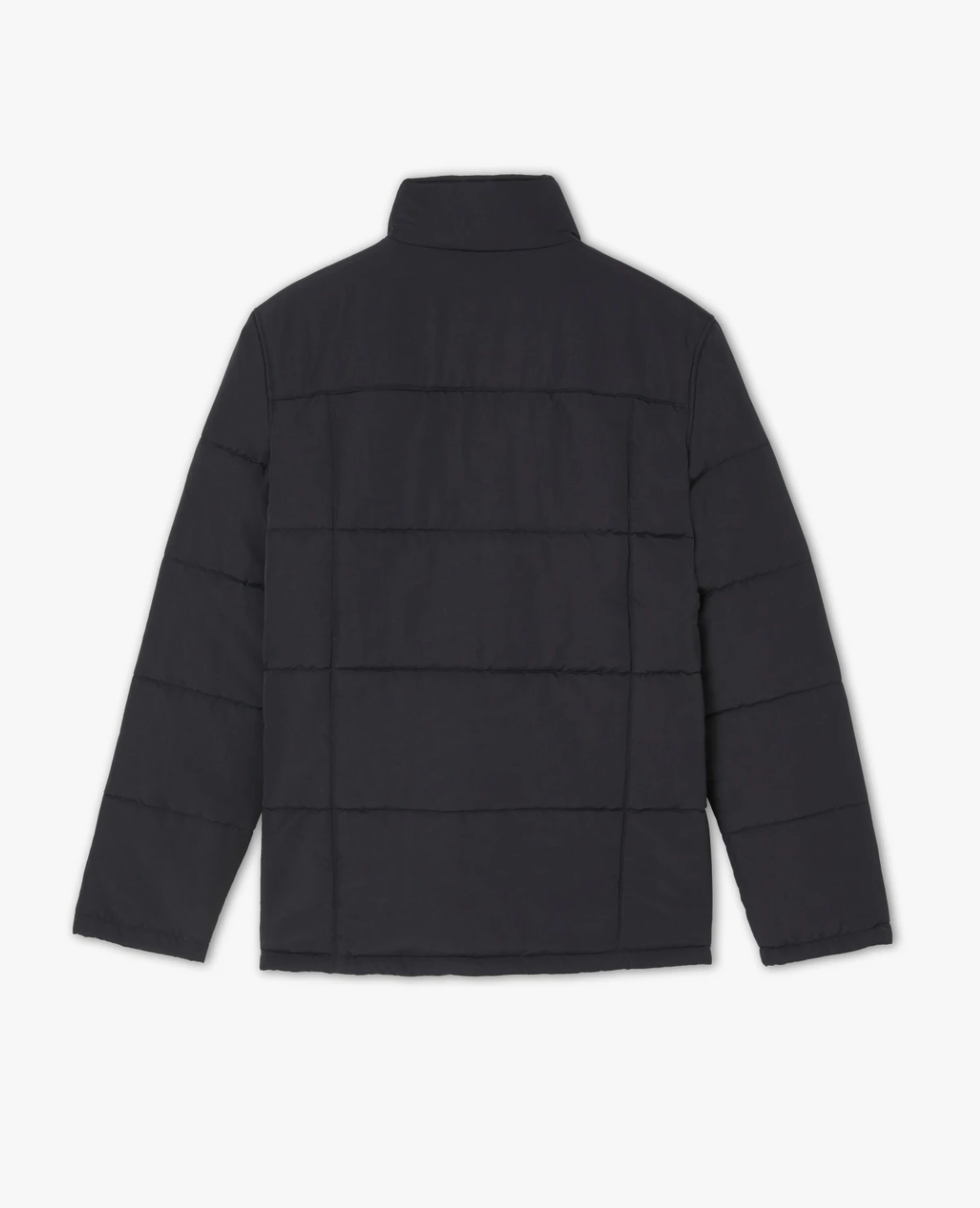 A black RM Williams Patterson Creek Jacket with long sleeves and a high collar, viewed from the back. The jacket features horizontal stitching and a minimalist design, without visible logos or embellishments. Made from Taslon nylon, this quilted puffer jacket offers both style and durability.