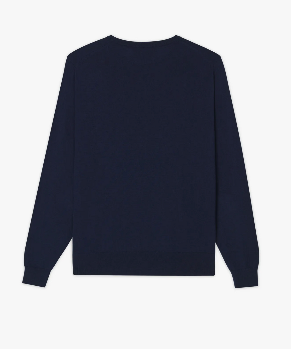 The back view shows the RM Williams Howe Sweater, a plain, long-sleeved crew neck in dark blue. This Merino wool sweater boasts a simple design with no visible patterns or logos, featuring ribbed cuffs and a ribbed waistband for a clean and classic look.