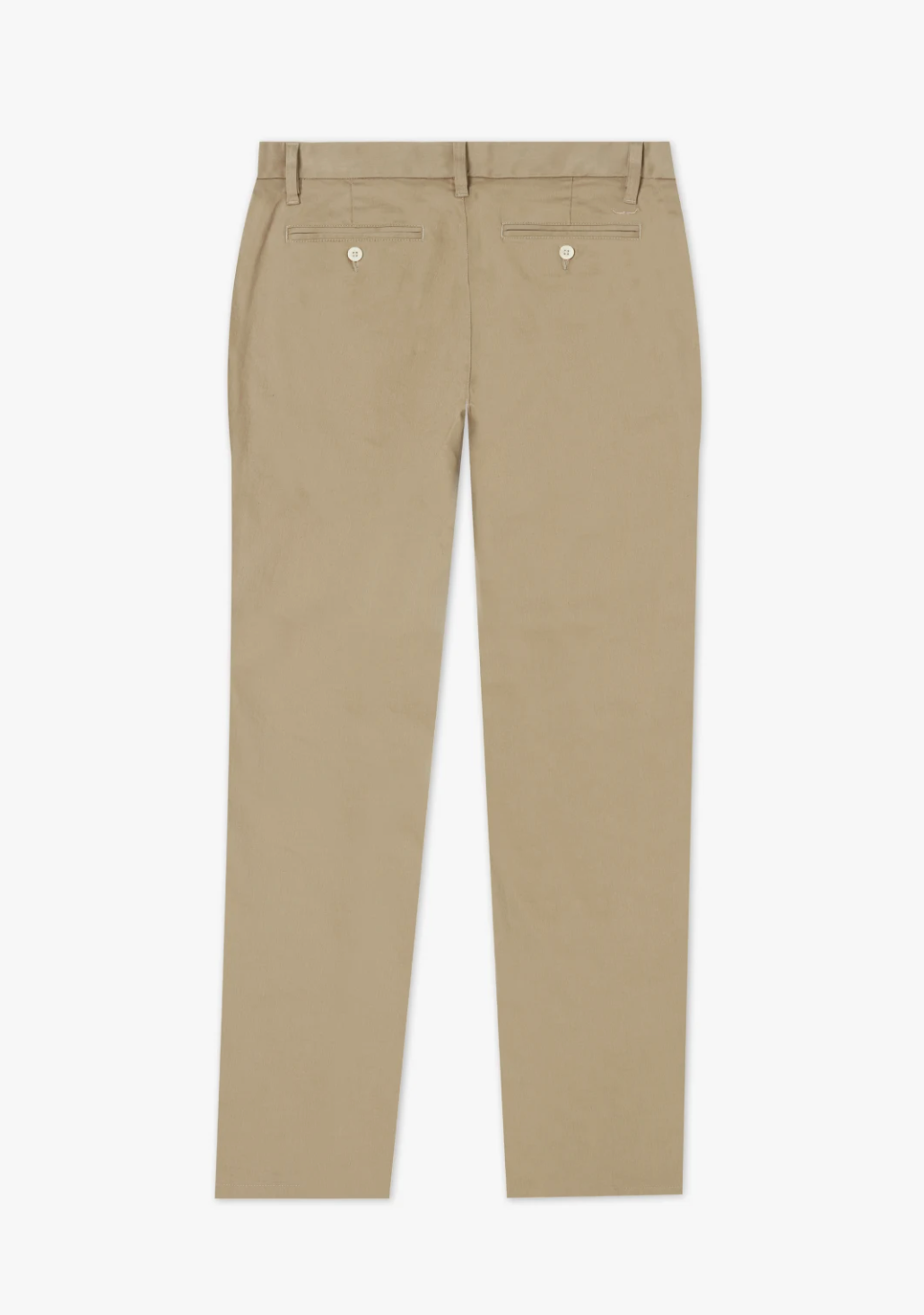 A pair of RM Williams Stirling Chino dress pants in light brown stretch cotton, viewed from the back. They feature two back pockets with button closures and belt loops around the waistband. The pants are neatly pressed and laid flat against a white background.