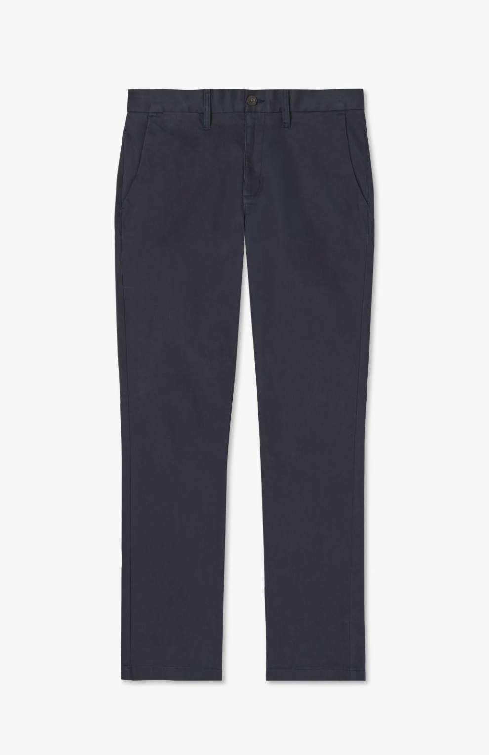 A pair of RM Williams Stirling dark blue stretch cotton chinos is displayed against a white background. The straight-leg pants have a classic design, featuring belt loops, a button and zip fly closure, and front and back pockets. They appear neatly pressed and new.