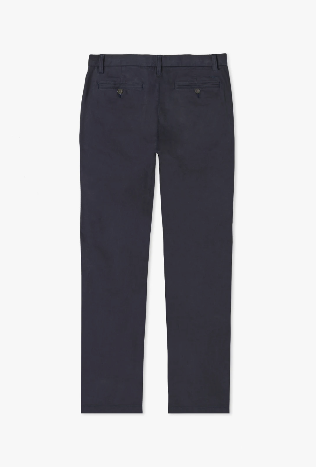 Image of the RM Williams Stirling Chino, a pair of navy blue straight leg pants viewed from the back. Crafted from stretch cotton chino fabric, these pants feature two buttoned back pockets and a small loop above one pocket. The waistband includes belt loops, and the pants are displayed on a white background.
