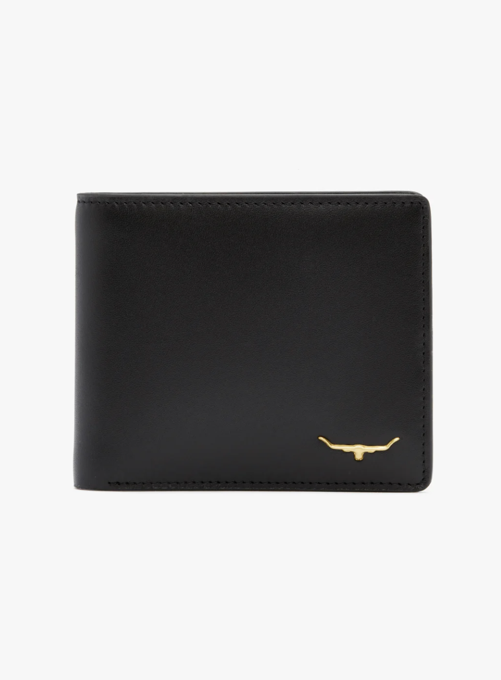 Introducing the RM Williams City Slim Bi-Fold, a black wallet meticulously crafted from full grain leather. It features a small gold-colored longhorn emblem in the bottom right corner and showcases a sleek, minimalist design. The wallet includes stitching along its edges and multiple card slots, all set against a white background.
