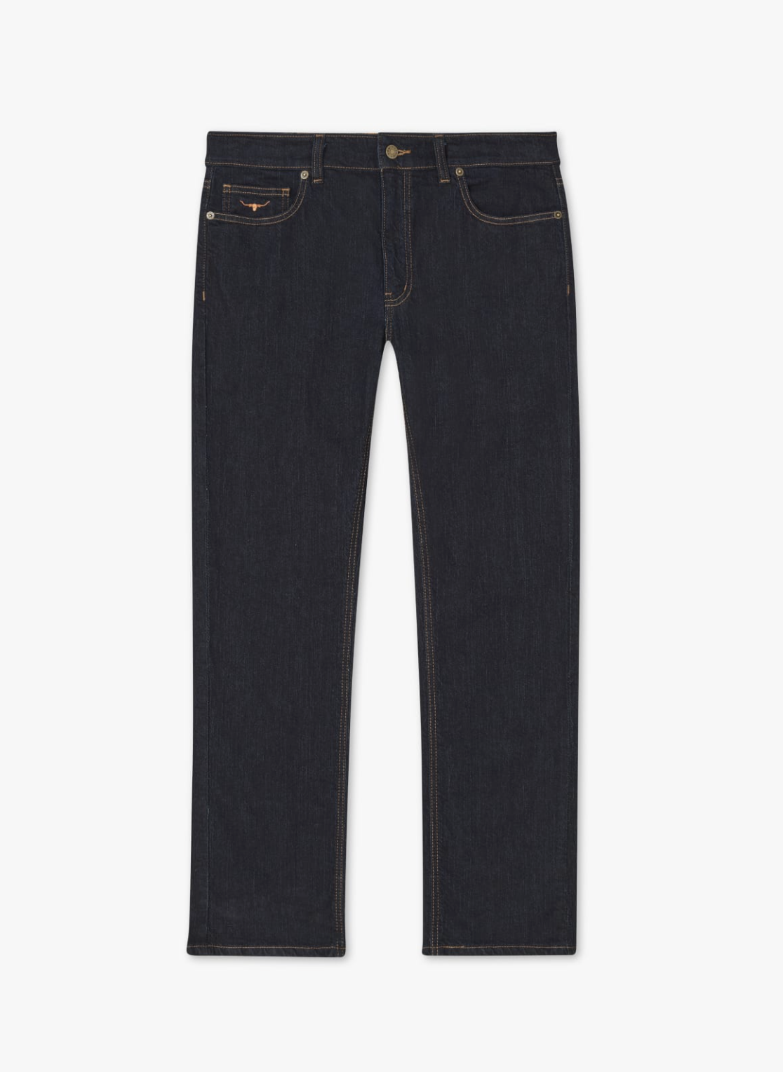 The RM Williams Ramco Jean is a pair of dark blue, premium denim straight leg jeans with a classic fit. Featuring a button and zipper fly, five pockets (including a coin pocket), and contrast stitching, these jeans adhere to a timeless design.