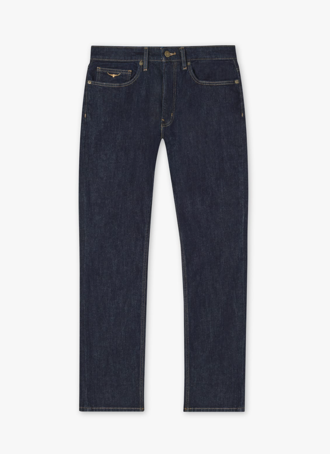 The RM Williams Ramco Jeans are dark blue denim with a classic straight-leg design. These 5-pocket jeans feature yellow stitching, front and back pockets, belt loops, and a button-zipper fly closure. The fabric is thick and durable.