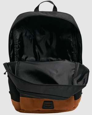 Introducing the Billabong Norwest Pack: a black and brown backpack with ergonomic shoulder straps. It features a spacious main compartment, padded laptop section, and a smaller front pocket, all lined in black fabric against a plain background for an elegant look.