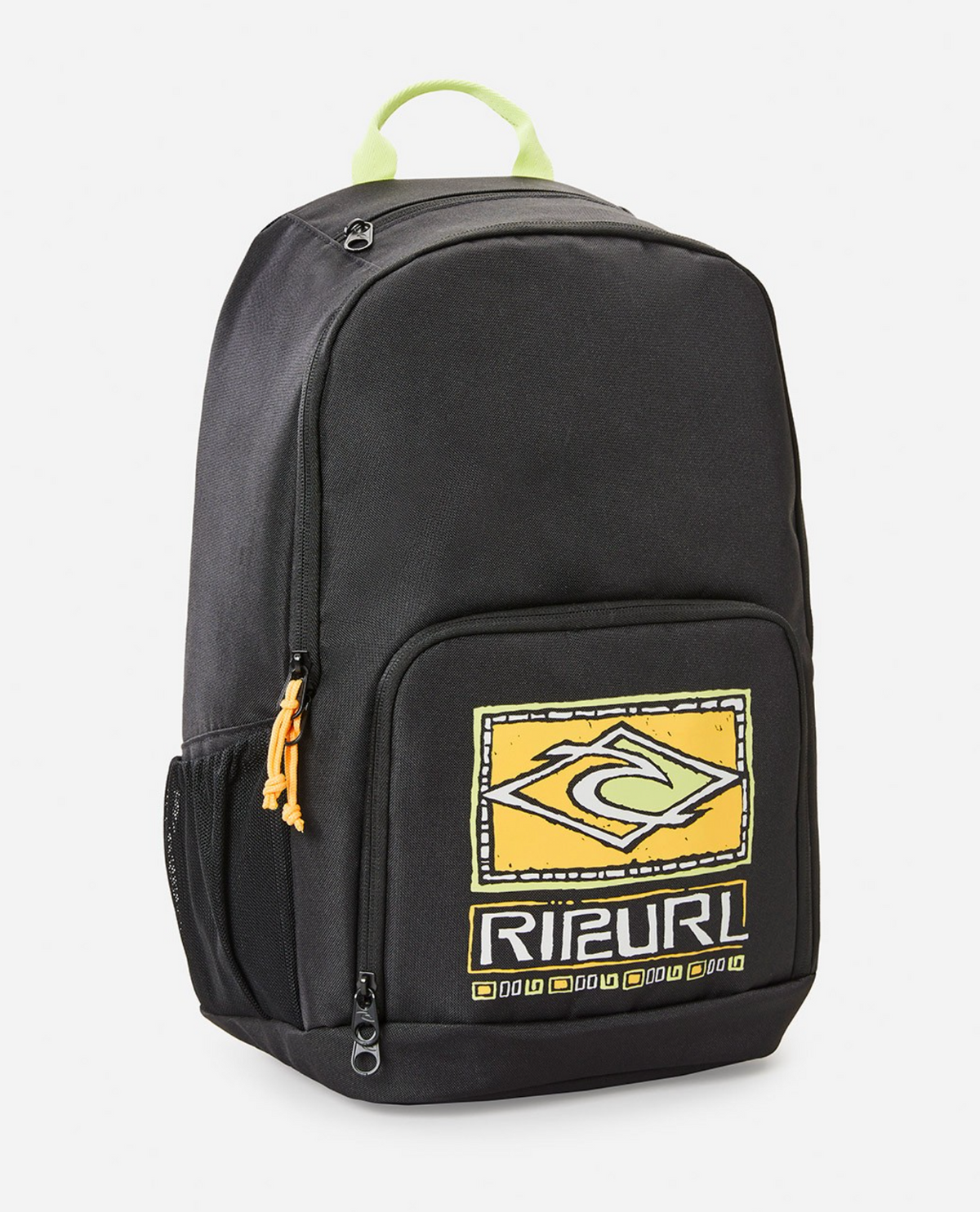 The Rip Curl Evo 24L Tube Heads Backpack is black with a large front pocket featuring a yellow and black "RIP CURL" patch, a zippered side pocket, cooler compartment for storage, and a light green top handle.